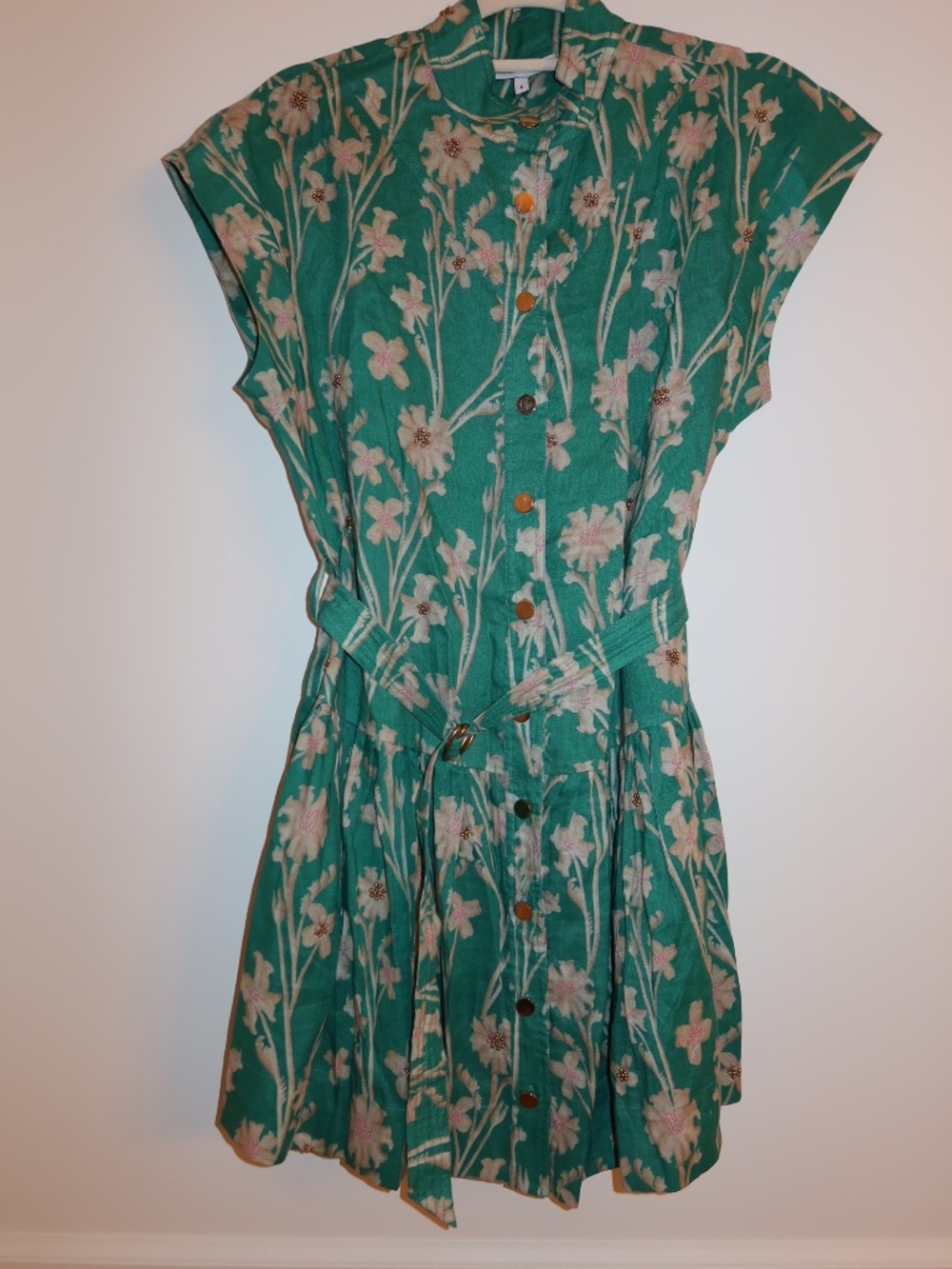Karina Grimaldi Dress Green with Florals, Belt Tie, Buttons on Front Mini Size L